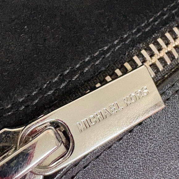 Michael Kors Black Leather & Suede Block Heel Ankle Boots with Side Zip - Picture 6 of 9